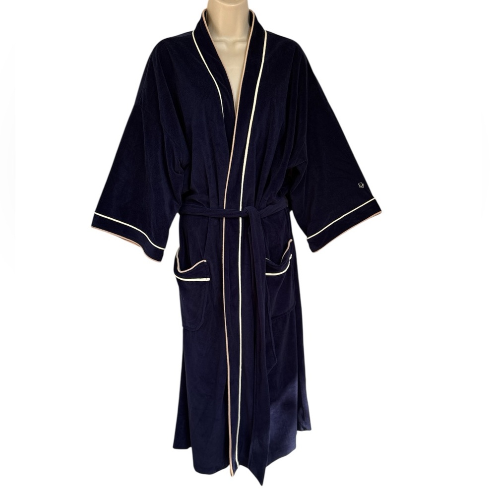 Vintage Christian Dior Monsieur Navy Women's Robe w/Tan PipingTrim One Size